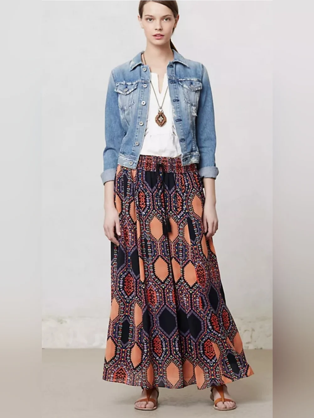 Maeve Anthropologie Boho Maxi Skirt Small Geometric Hexprint Pull On Festival